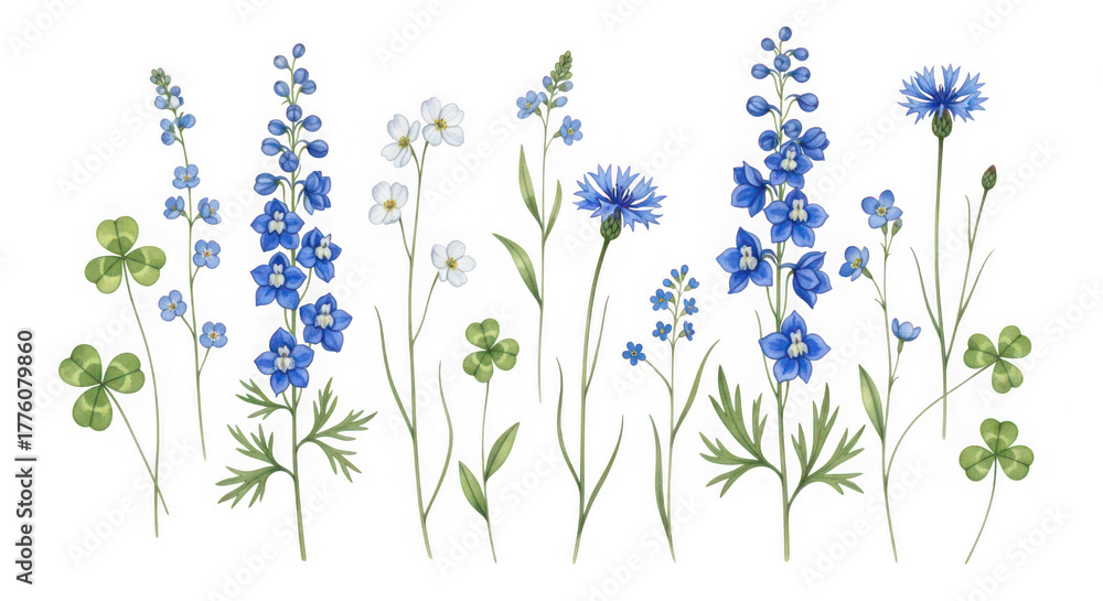 Fototapeta premium Watercolor illustration of blue delphinium and cornflower flowers with clover, isolated on transparent background
