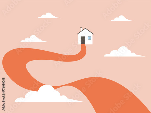 Long road to home, home road illustration, life journey concept