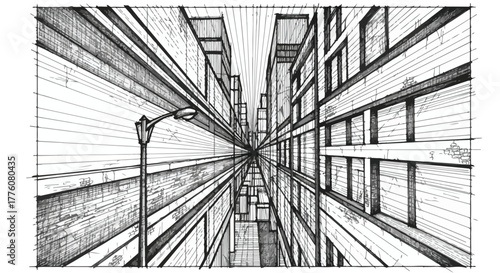 Abstract perspective modern architecture corridor vector line art illustration.