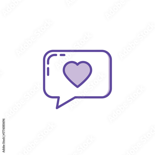Simple purple line icon of a speech bubble with a heart, symbolizing a love message, positive feedback, or a social media like notification