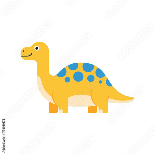 Cute cartoon yellow dinosaur with blue spots smiling for children's imagination and learning