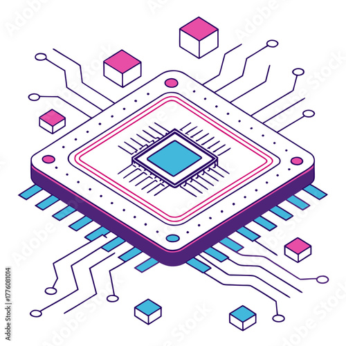 AI technology logo featuring a microchip and circuit pattern, symbolizing machine learning and smart computing, flat vector design.