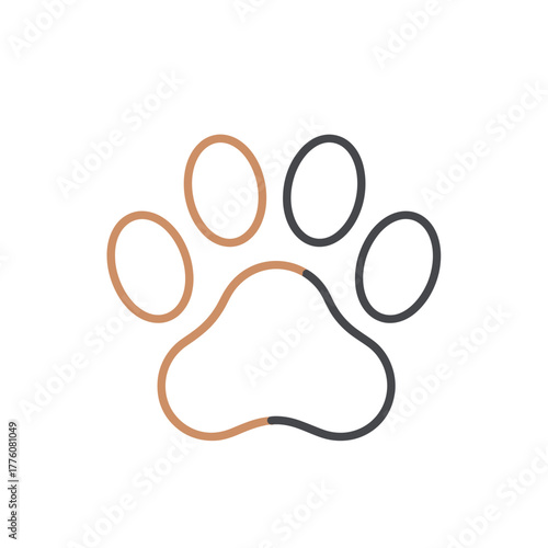 Simple and elegant outline of a paw print in copper and charcoal colors, symbolizing pet care and animal companionship