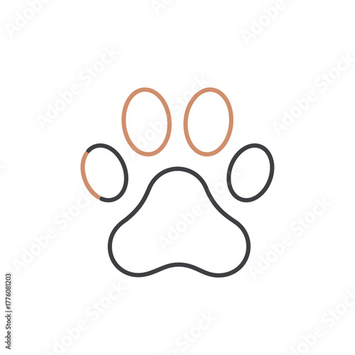 Clean and minimalist line art illustration of a domestic animal paw print, subtly accented with color, representing pet love, loyalty, and companionship