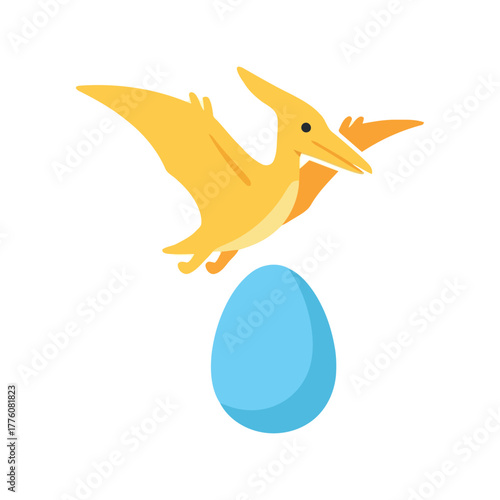 Cute pterodactyl flying above a bright blue egg a prehistoric creature image