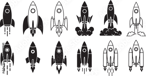 Set of rocket vector icons. Launch spaceship or spacecraft design eps