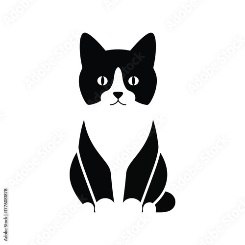 Stylized sitting black and white tuxedo cat with wide eyes
