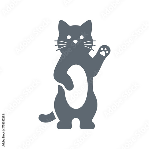 Cute gray cat standing up waving paw friendly pet animal icon graphic