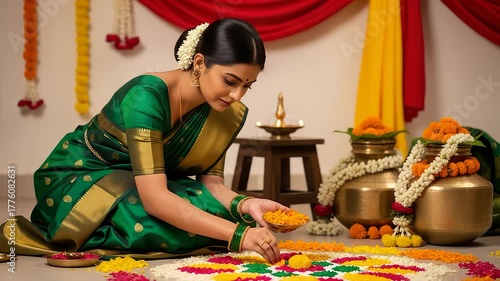 Beautiful Woman Creating Colorful Rangoli Art for Hindu Festival Celebration at Home
