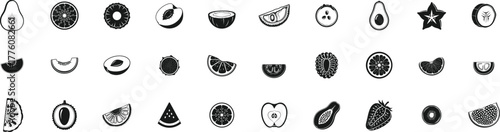 Minimal fruits slice icons including apple, orange, banana, grape, and more. Vector illustration.