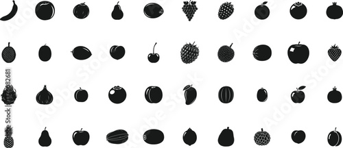 Simple  fruit icons including apple, orange, banana, grape, and more. Silhouette vector Illustration.