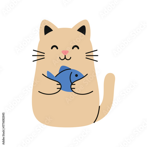 Adorable cartoon cat holding a delicious blue fish character design for whimsical graphics