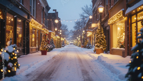 Traditional American Christmas street with elegant holiday lights