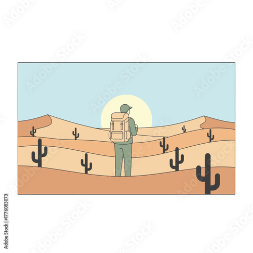 Illustration of a lone traveler with a backpack standing in a vast desert landscape with sand dunes and cacti under a rising or setting sun.