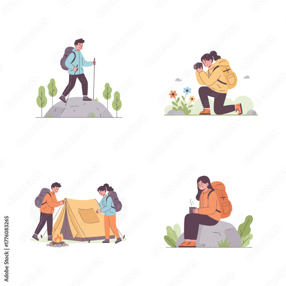 Naklejka premium Illustrations depicting various outdoor activities including hiking, photography, camping, and relaxing in nature.
