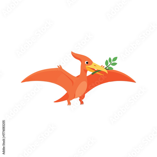 Friendly orange pterodactyl with green leaf in mouth flying through sky