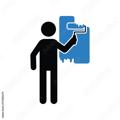 Person painting a blue wall with a roller brush home improvement renovation diy project