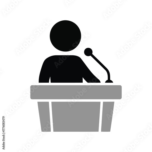 Iconic representation of a speaker at a podium with microphone for presentations and speeches