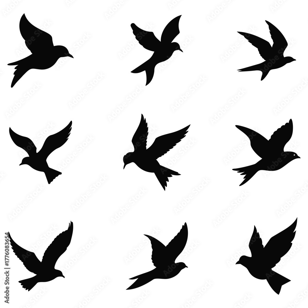Fototapeta premium Flying birds silhouette vector set. Seagull figures in the sky, isolated on white background