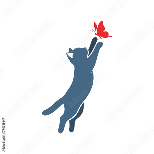 Playful blue cat reaching for a bright red butterfly mid leap