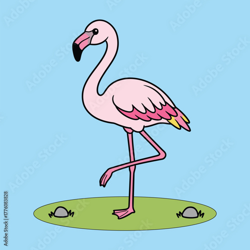 Cute Andean Flamingo (Phoenicoparrus Andinus) standing on one leg, pink bird animal character in flat design style vector illustration