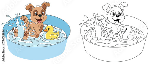 Adorable playful puppy splashes in a blue tub with a rubber ducky, making a joyful mess – perfect for a children's coloring book.