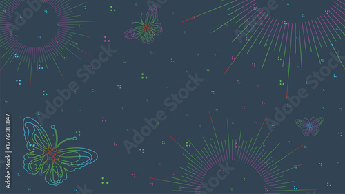 Colorful Neon Line Art Butterfly with Sunburst Rays on Dark Blue Cosmic Background for Abstract Wallpaper and Digital Design