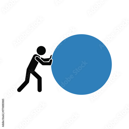 Man pushing a large blue ball effort and determination symbol simple stick figure graphic