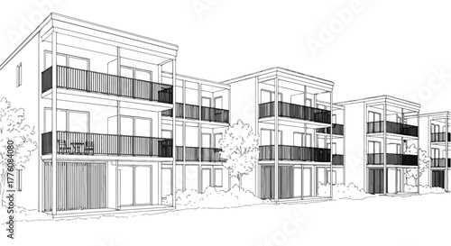 Modern residential building architecture vector line art illustration.