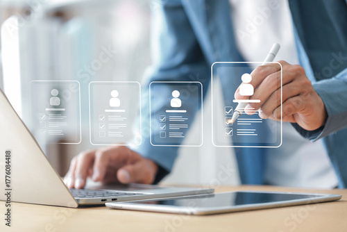 Human resources management Business concept , Check resume, Screening employee information, job applicants, selecting people to join the work .