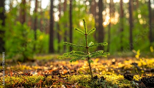 A small evergreen seedling in a forest, bathed in golden sunlight, with soft, out-of-focus trees in the background