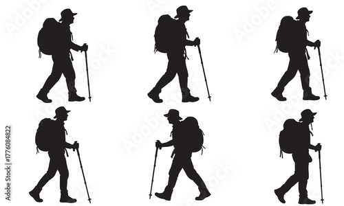 Man hiking with backpack and pole silhouette