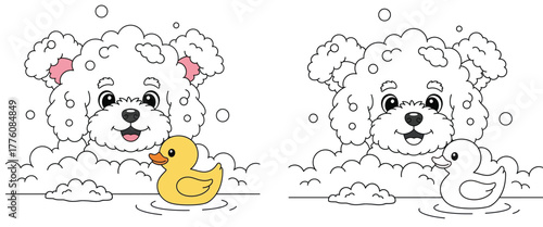 Cute white fluffy puppy peeking happily from a bubbly bath with a yellow rubber ducky, perfect for a cheerful children's coloring book illustration.