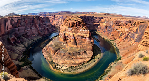 Horseshoe Bend panorama showcasing natural geological beauty under blue sky
