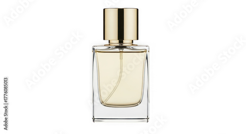 Elegant glass bottle of perfume with a gold cap, isolated on transparent background