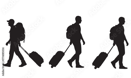 Traveler silhouettes with rolling luggage silhouette