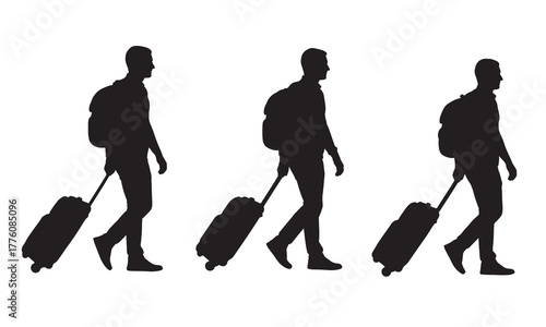 Three travelers with rolling luggage silhouette