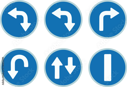Blue circular road signs with various white arrows indicating direction and traffic flow.