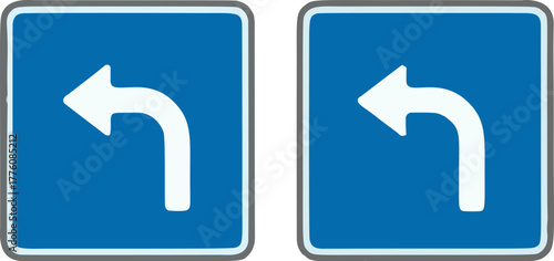 Blue road signs indicating a left turn ahead.