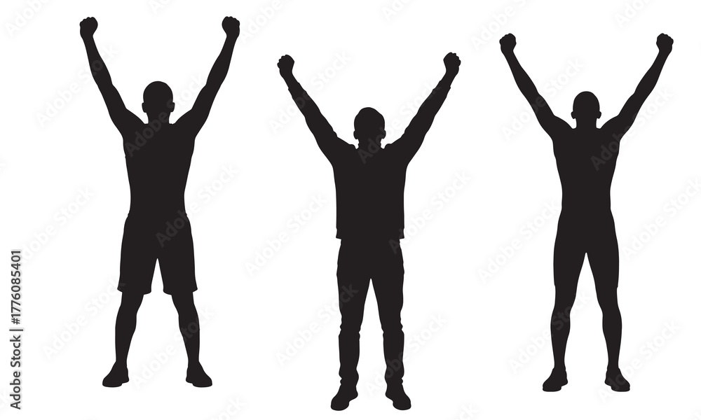 Fototapeta premium Three men celebrating with arms raised silhouette