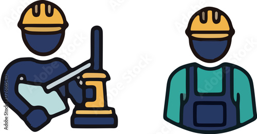 Construction workers with tools and safety gear.