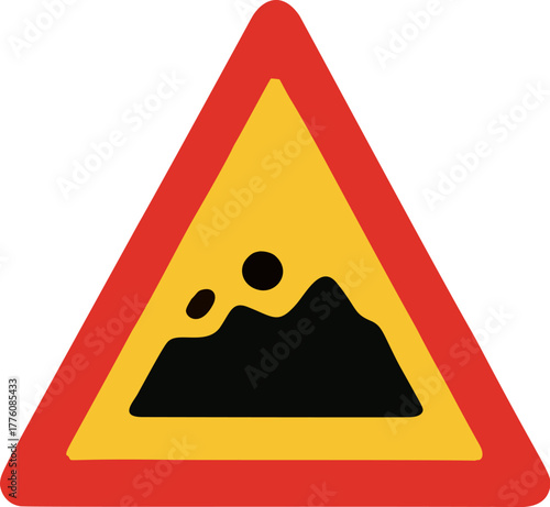 Falling Rocks Warning Traffic Sign Isolated on White.