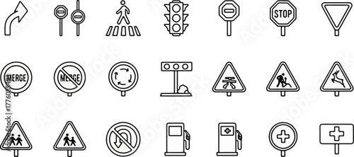 Hand Drawn Road and Traffic Signs Icon Set.