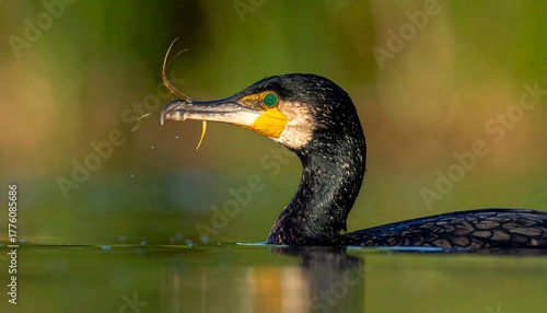 Cormorant gracefully floats on water, head held high with golden grass in beak against softly blurred green background