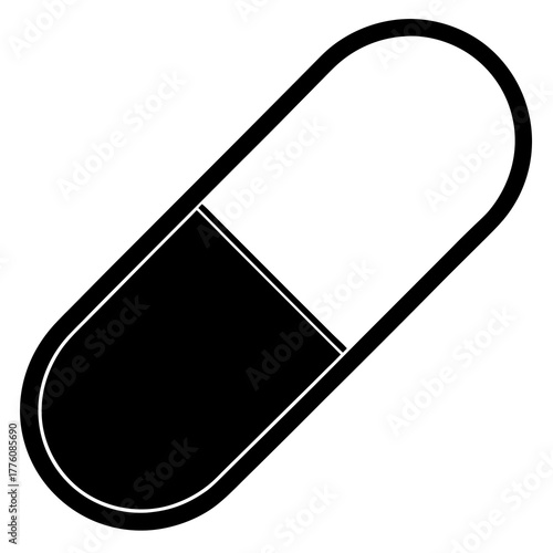 Simple black and white graphic illustration of a pharmaceutical capsule on a white background