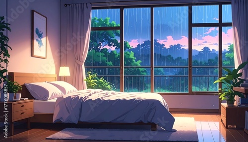 Cozy bedroom interior with a large window looking out onto a rainy forest landscape at dusk