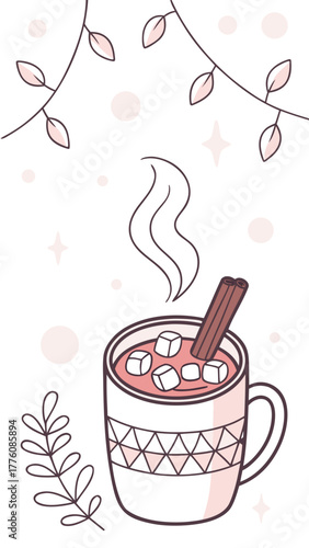 Hot cocoa mug with marshmallows and cinnamon — cosy winter flat vector illustration for holiday designs,Hot cocoa mug with marshmallows and cinnamon — cosy winter flat vector illustration for holiday 
