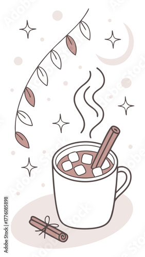 Hot cocoa mug with marshmallows and cinnamon — cosy winter flat vector illustration for holiday designs.