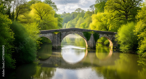 Ancient stone bridge spanning a serene river, lush foliage in idyllic setting