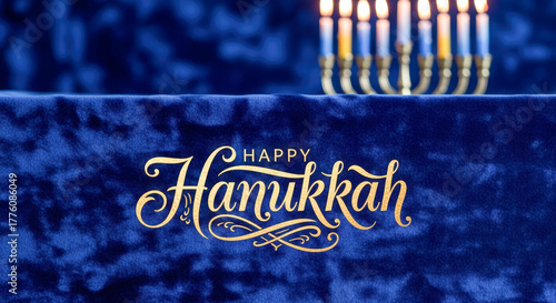 A beautiful Hanukkah menorah with lit candles on a rich blue velvet background, celebrating the Festival of Lights, and message 